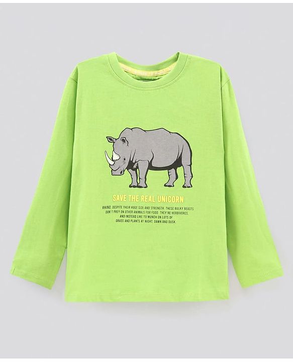 Pine Kids Full Sleeves Biowashed Tee Hippo Print - Light Green
