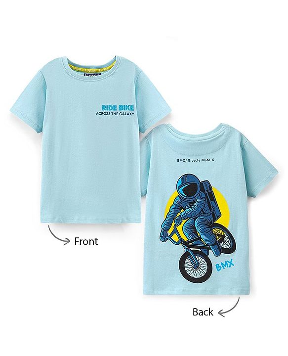 Pine Kids Half Sleeves Biowashed Text Printed T Shirt - Light Blue
