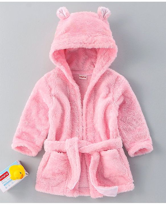Babyhug Velour Cotton Knit Full Sleeves Hooded Bath Robe With Ear Flaps- Light Pink
