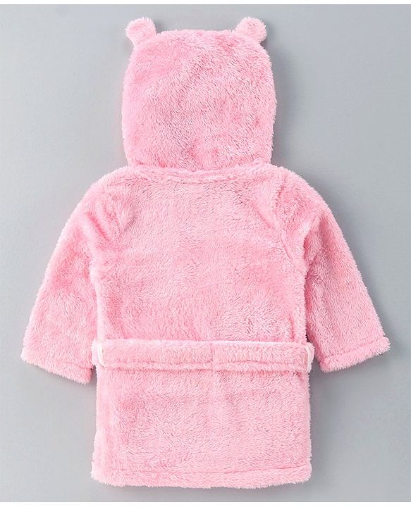 Babyhug Velour Cotton Knit Full Sleeves Hooded Bath Robe With Ear Flaps- Light Pink