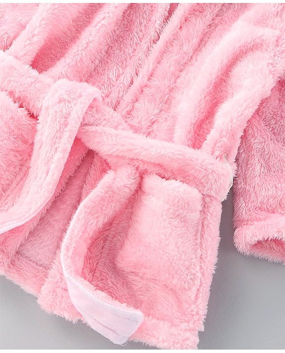 Babyhug Velour Cotton Knit Full Sleeves Hooded Bath Robe With Ear Flaps- Light Pink