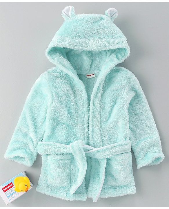 Babyhug Velour Cotton Knit Full Sleeves Hooded Bath Robe With Ear Flaps- Blue