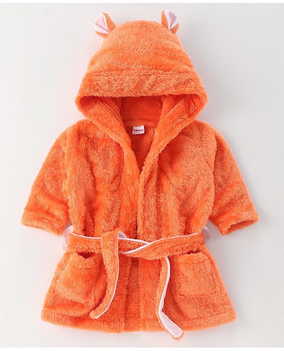 Babyhug Velour Cotton Knit Full Sleeves Hooded Bath Robe With Ear Flaps- Orange