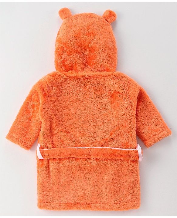 Babyhug Velour Cotton Knit Full Sleeves Hooded Bath Robe With Ear Flaps- Orange