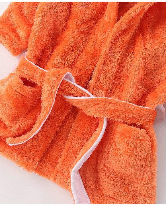 Babyhug Velour Cotton Knit Full Sleeves Hooded Bath Robe With Ear Flaps- Orange