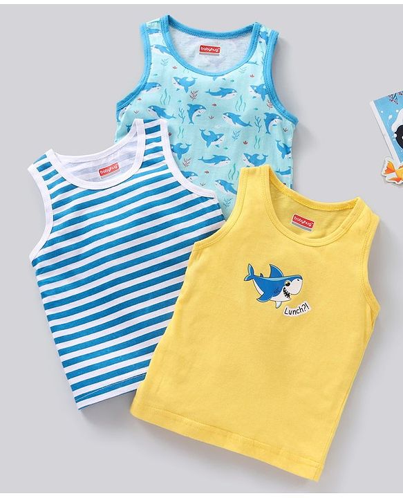 Babyhug 100% Cotton Sleeveless Sando Vests Stripes & Shark Print Pack of 3- Multicolor