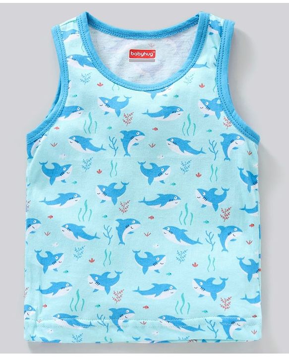 Babyhug 100% Cotton Sleeveless Sando Vests Stripes & Shark Print Pack of 3- Multicolor