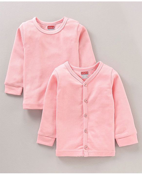 Babyhug Cotton Blend Full Sleeves Thermal Vest Solid Pack of 2 - Pink