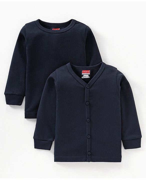 Babyhug Cotton Full Sleeves Solid Thermal Vests Combo Pack of 2 - Navy