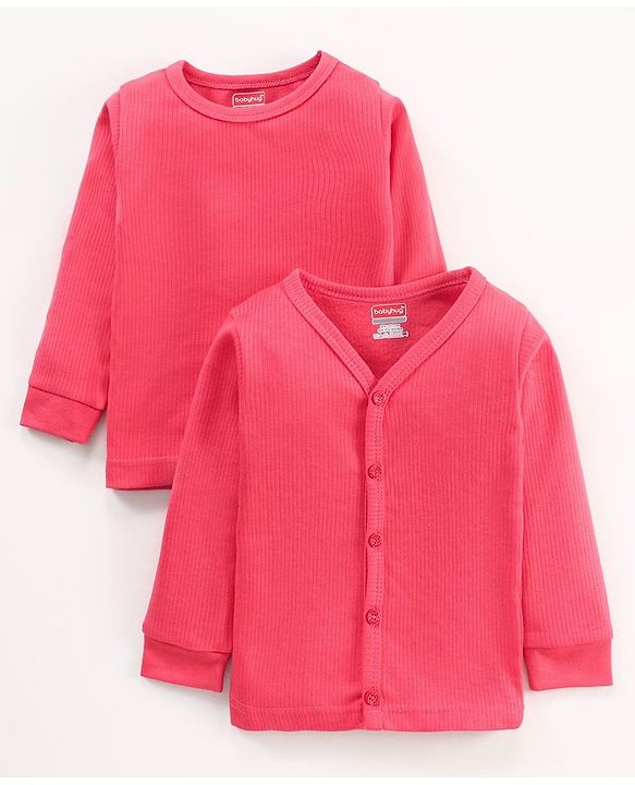 Babyhug Full Sleeves Front Open and Pullover Solid Color Thermal Wear Pack Of 2 - Pink
