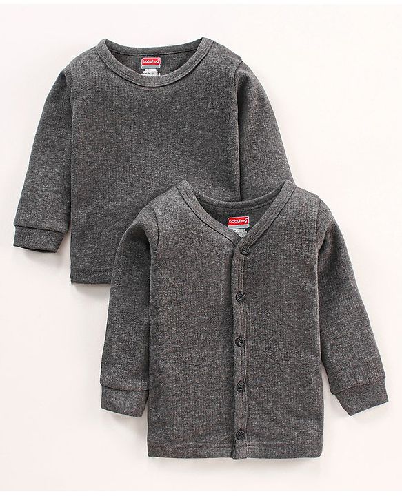 Babyhug Full Sleeves Front Open and Pullover Solid Color Thermal Vests Pack Of 2 - Dark Grey