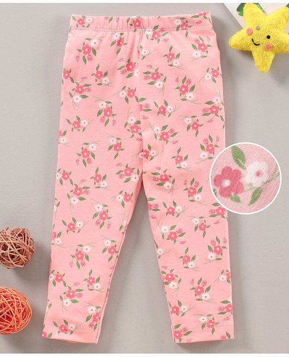 Babyhug Full Length Knit Stretchable Leggings Floral Print- Pink