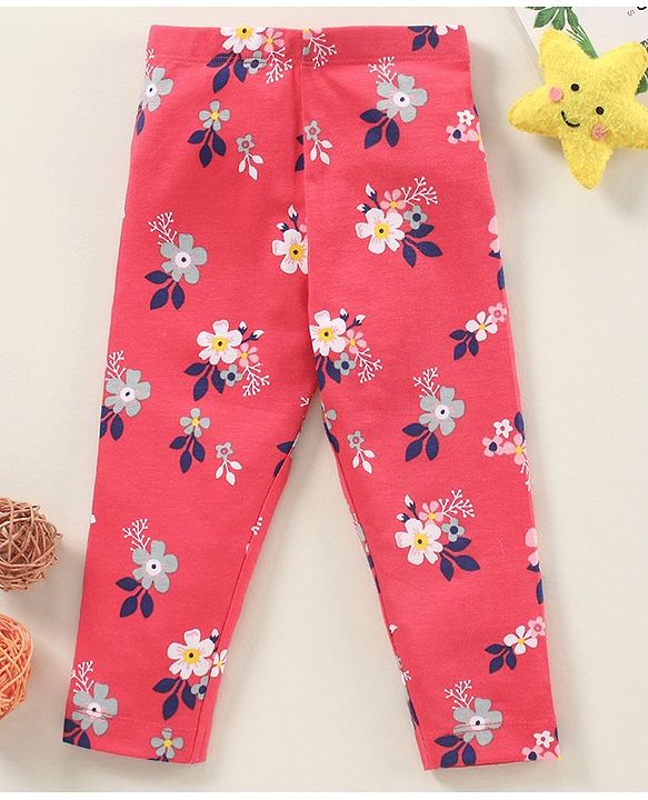 Babyhug Full Length Cotton Elastane With Stretch Leggings Floral Print - Red