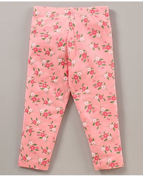 Babyhug Full Length Knit Stretchable Leggings Floral Print- Pink