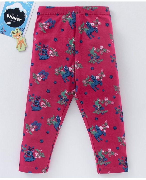 Babyhug Full Length Knit Leggings Floral Print - Fuchsia