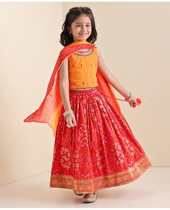 Babyhug Woven Sleeveless Embroidere Choli With Bandhani Printed Lehenga And Dupatt - Red