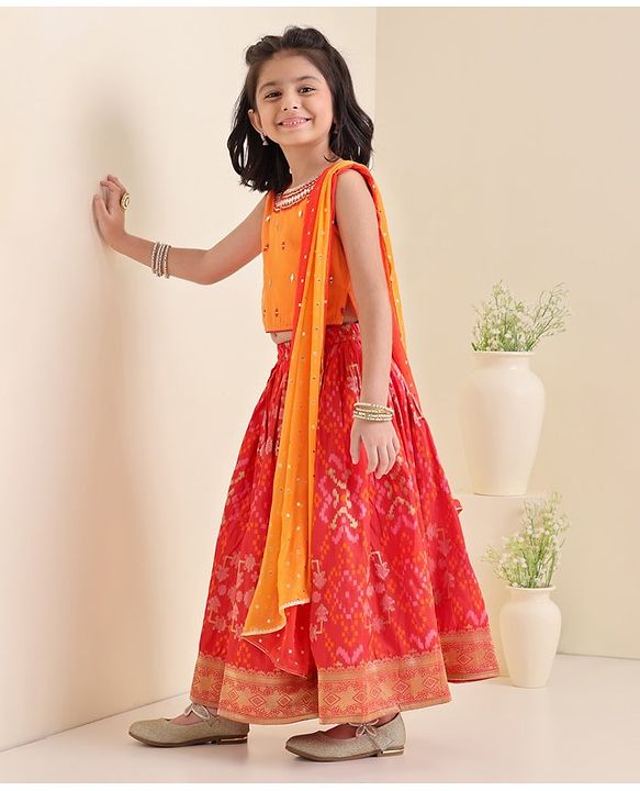 Babyhug Woven Sleeveless Embroidere Choli With Bandhani Printed Lehenga And Dupatt - Red