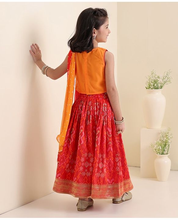 Babyhug Woven Sleeveless Embroidere Choli With Bandhani Printed Lehenga And Dupatt - Red