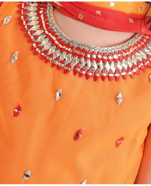 Babyhug Woven Sleeveless Embroidere Choli With Bandhani Printed Lehenga And Dupatt - Red