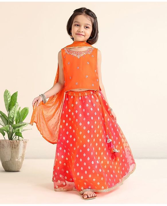 Babyhug Sleeveless Printed Choli & Lehenga Set With Dupatta & Embellishment - Orange