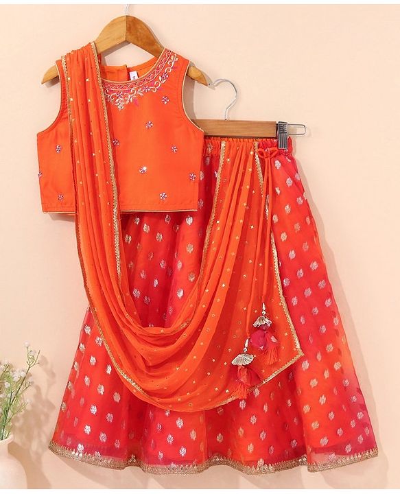 Babyhug Sleeveless Printed Choli & Lehenga Set With Dupatta & Embellishment - Orange