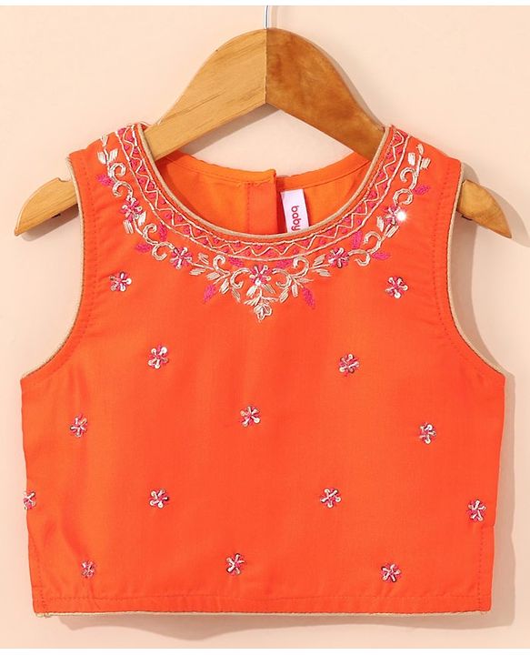 Babyhug Sleeveless Printed Choli & Lehenga Set With Dupatta & Embellishment - Orange