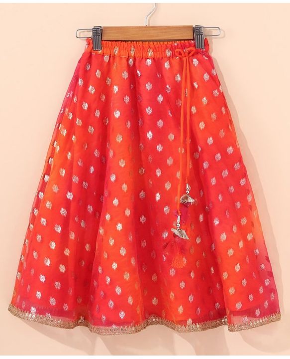 Babyhug Sleeveless Printed Choli & Lehenga Set With Dupatta & Embellishment - Orange