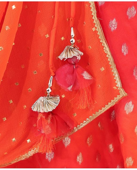 Babyhug Sleeveless Printed Choli & Lehenga Set With Dupatta & Embellishment - Orange