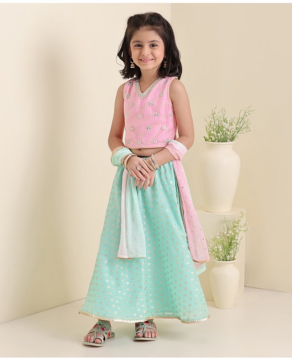 Babyhug Sleeveless 3D Embroidered Choli with Foil Print Lehenga and Shaded Embossed Print Dupatta Set- Pink & Mint