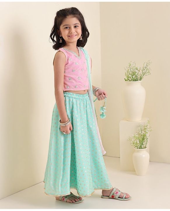 Babyhug Sleeveless 3D Embroidered Choli with Foil Print Lehenga and Shaded Embossed Print Dupatta Set- Pink & Mint