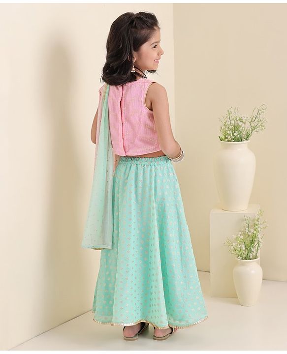Babyhug Sleeveless 3D Embroidered Choli with Foil Print Lehenga and Shaded Embossed Print Dupatta Set- Pink & Mint