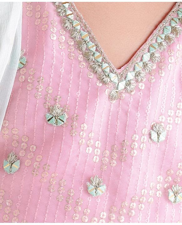 Babyhug Sleeveless 3D Embroidered Choli with Foil Print Lehenga and Shaded Embossed Print Dupatta Set- Pink & Mint