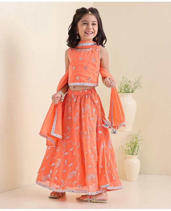 Babyhug Sleeveless Embroidered Choli Wth Embossed Print Lehenga and Dupatta Set - Coral