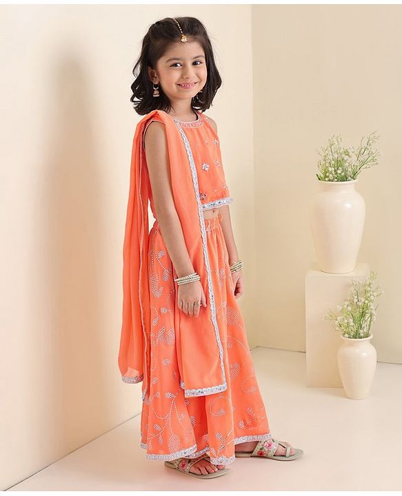 Babyhug Sleeveless Embroidered Choli Wth Embossed Print Lehenga and Dupatta Set - Coral