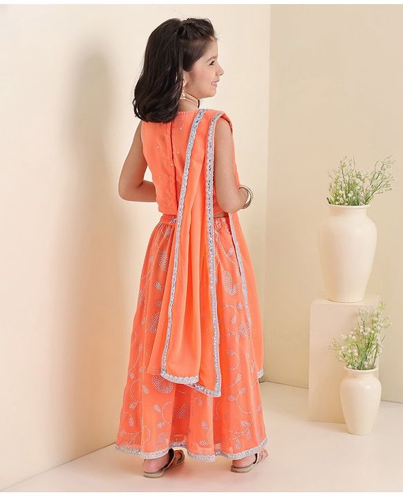Babyhug Sleeveless Embroidered Choli Wth Embossed Print Lehenga and Dupatta Set - Coral