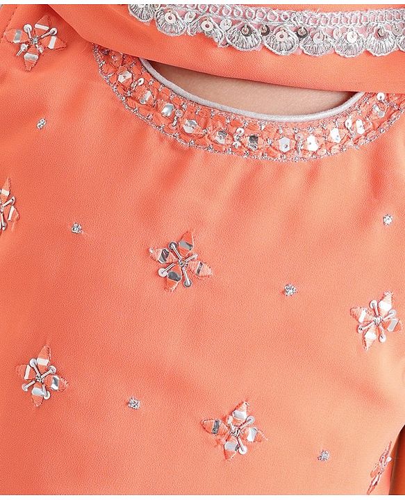 Babyhug Sleeveless Embroidered Choli Wth Embossed Print Lehenga and Dupatta Set - Coral