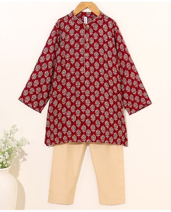 Babyhug Woven Full Sleeves Kurta & Pajama Set Ethnic Print - Maroon