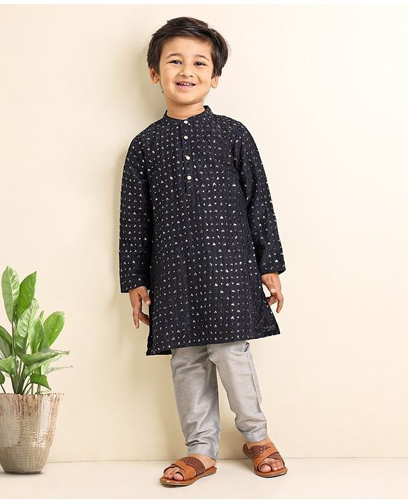 Babyhug Full Sleeves Kurta Pyjama Set Embroidered - Navy Blue