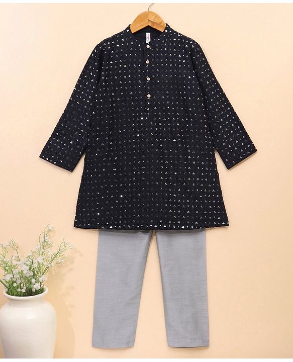 Babyhug Full Sleeves Kurta Pyjama Set Embroidered - Navy Blue