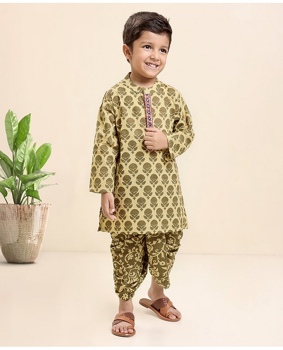 Babyhug Cotton Woven Full Sleeves Kurta & Dhoti Set Ethnic Print - Light Olive