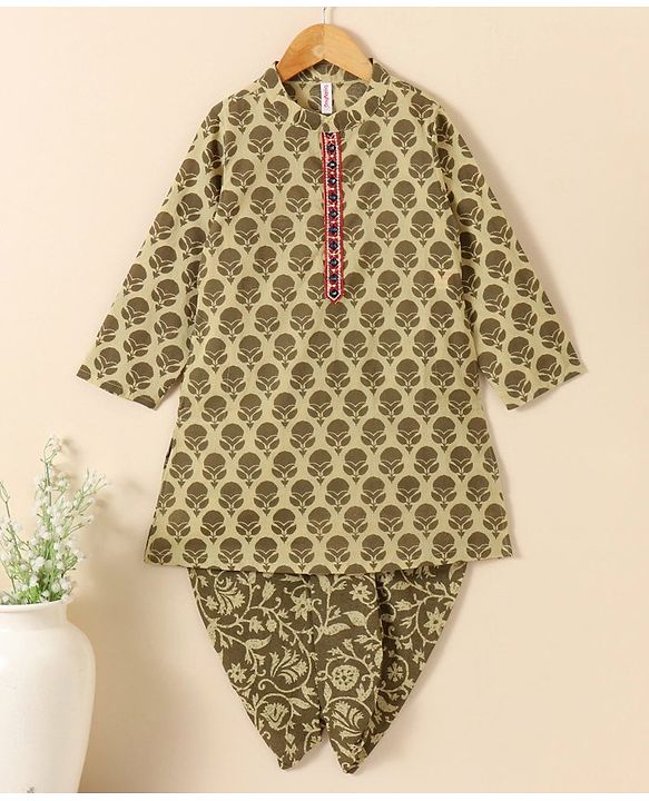 Babyhug Cotton Woven Full Sleeves Kurta & Dhoti Set Ethnic Print - Light Olive