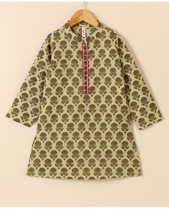 Babyhug Cotton Woven Full Sleeves Kurta & Dhoti Set Ethnic Print - Light Olive