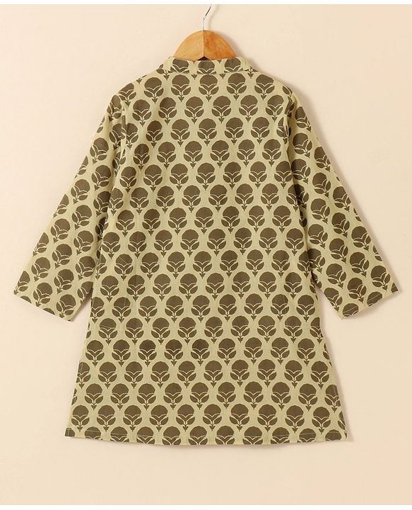 Babyhug Cotton Woven Full Sleeves Kurta & Dhoti Set Ethnic Print - Light Olive