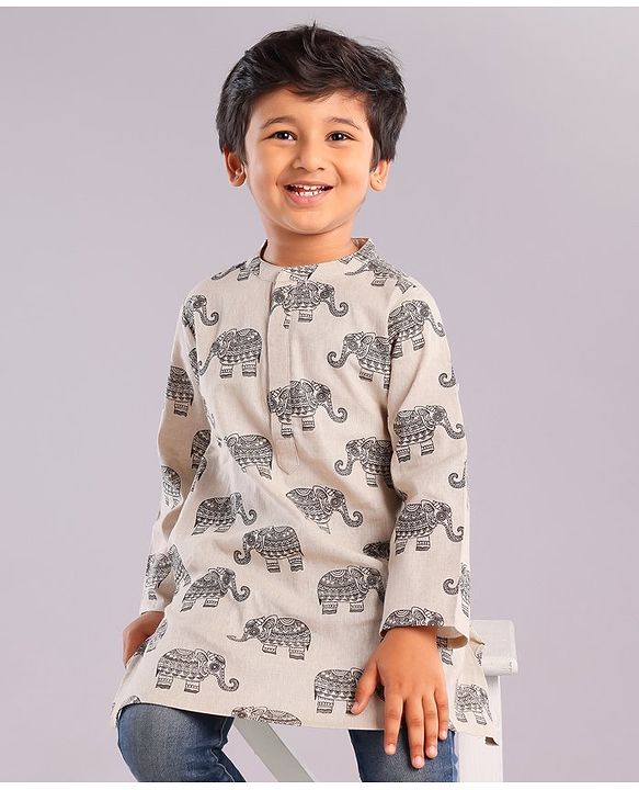 Babyhug Cotton Woven Full Sleeves Elephant Printed Kurta - Beige