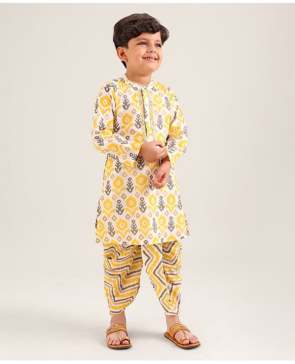Babyhug Cotton Woven Full Sleeves Ethnic Printed  Kurta & Dhoti Set - Yellow & White