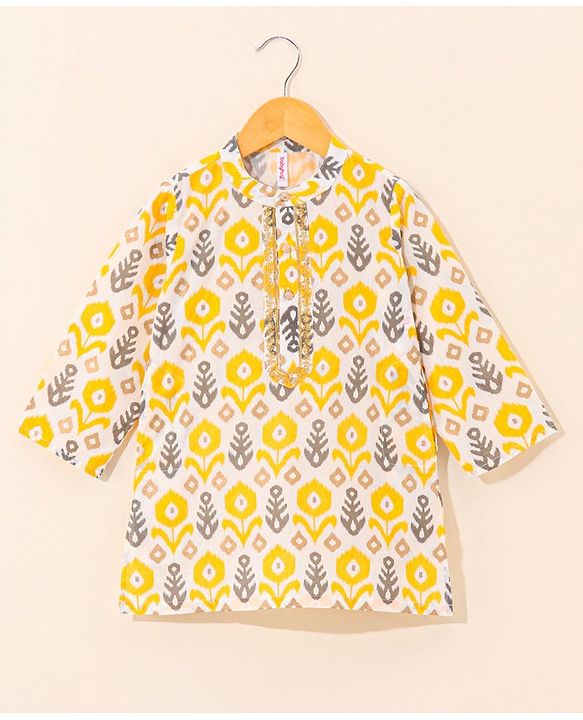 Babyhug Cotton Woven Full Sleeves Ethnic Printed  Kurta & Dhoti Set - Yellow & White