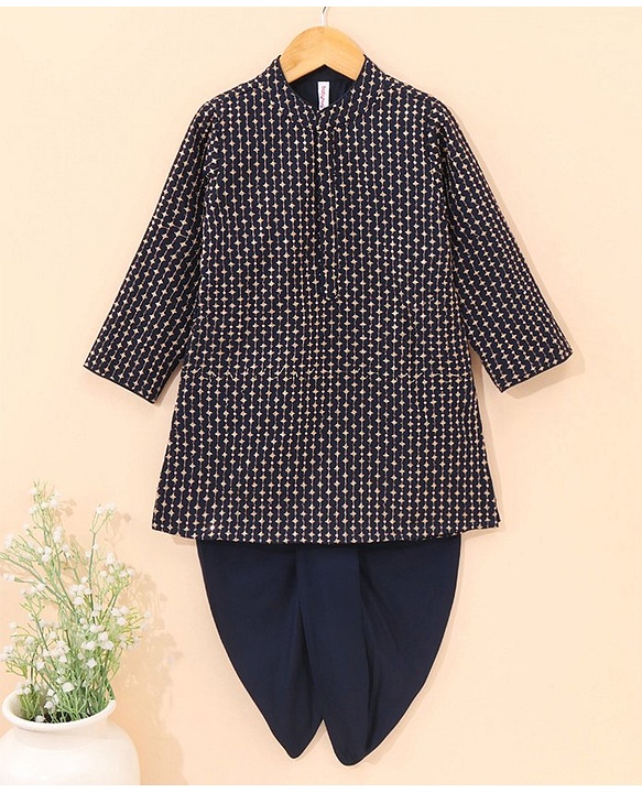 Babyhug Full Sleeves Sequence Embollished Kurta & Dhoti Set - Navy