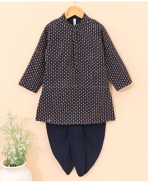 Babyhug Full Sleeves Sequence Embollished Kurta & Dhoti Set - Navy