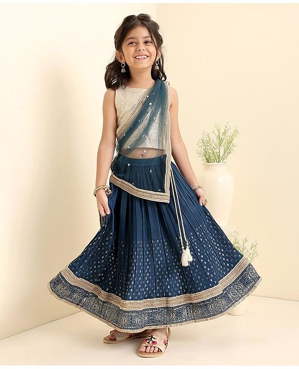 Babyhug Woven Sleeveless Sequins Choli WIth Lehenga & Dupatta - Teal