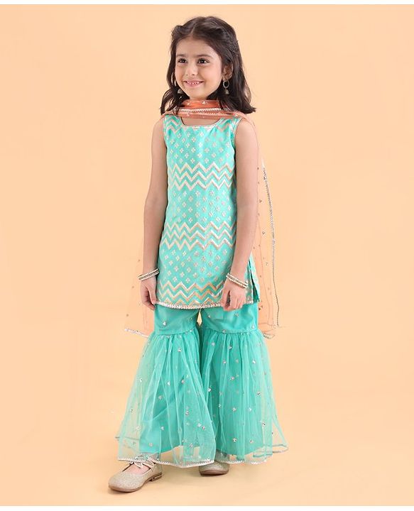 Babyhug Woven Sleeveless Ethnic Printed Kurti & Sharara Set with Dupatta - Sky Blue